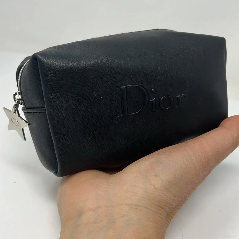 Dior Christian Dior Vegan Black Leather Zip Cosmetic Clutch Pouch